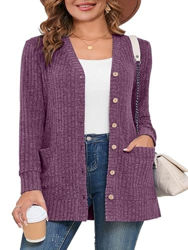 AusLook Plus Size Women Long Sleeve Cardigan Purple 5X Open Front Button Down Lightweight Casual Sweater Cover Ups Shrugs Shawls and Wraps Kimono Jacket Coat with Pockets