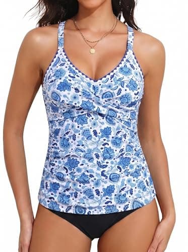 Tankini Tops for Women Shell Stitch V Neck Tummy Control Modest Bathing Suit Top Criss Cross Back 2026 Swimwear Top Blue Floral - Image 1