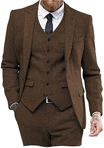 Mens Tweed Herringbone Wedding Suit Prom Tuxedos 3 Piece Peak Lapel Dress(Brown,3XL) - Image 1