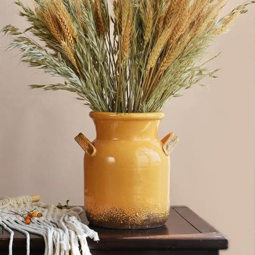 Quoowiit Ceramic Rustic Farmhouse Vase, Distressed Decorative Flower Vases for Home Decor, Ideal Shelf Decor, Yellow Boho Vase for Living Room Bedroom Kitchen Office Centerpiece Table Decorations - Image 1