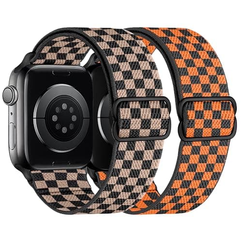 XSMDAJDTXZ 2 Pack Stretchy Solo Loop Compatible with Apple Watch Band 40mm 41mm 44mm 45mm 46mm 49mm 38mm 42mm Women Men, Sport Nylon Elastic Straps Braided Wristbands for iphone Watch Series 11 10 9 8 7 6 5 4 3 Ultra SE (blackrose/orange, 42mm(Series 3)/44mm/45mm/46mm/49mm) - Image 1