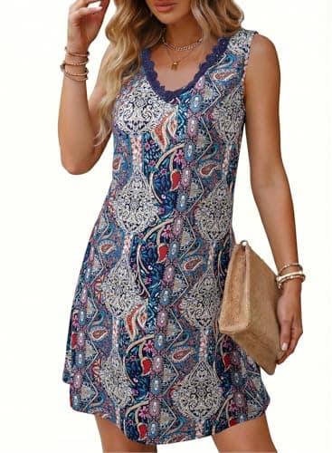 Dokotoo Short Sundresses for Women Sexy V Neck 2026 Summer Fashion Lace Sleeveless Dress Casual Loose Flowy Swing Vacation Dress Floral Boho Beach Dresses Blue X-Large - Image 1
