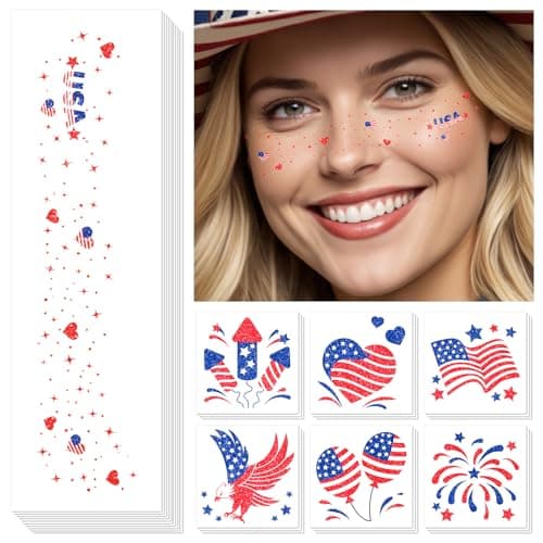 Cerlaza 4th of July Decorations, 40 Pcs Glitter Freckles Face Tattoo with American Flag, Red White Blue Usa Accessories, 4th of July Independence Day Fake Tattoos Makeup Kit, Rave Outfits for Women - Image 1