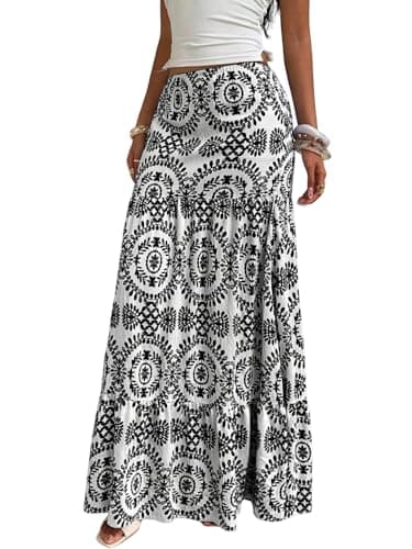 ZAFUL Women’s Summer Boho Maxi Skirts Bohemian Print Smocked High Wasited Flowy Tiered Ruffle Long Beach Skirt 2-Black&White M