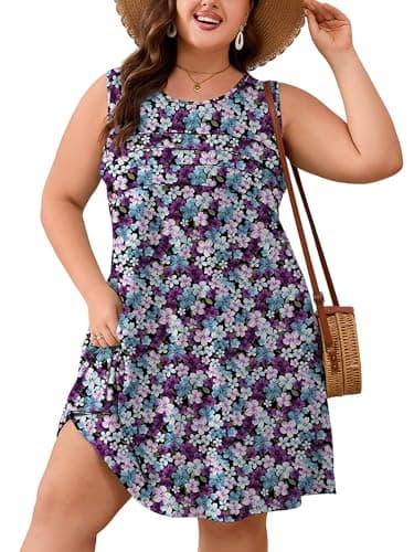 AusLook Plus Size Midi Dress for Women Sleeveless Crew Neck Summer Casual Floral Loose Flowy 2026 Tricolor Blossoms 2X Tank Sundress Beach Vacation Dress with Pockets - Image 1