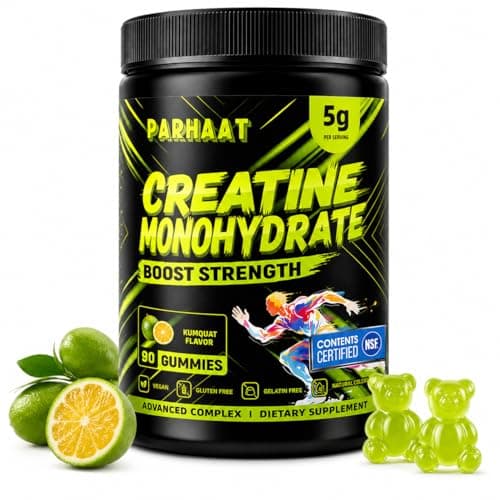 Parhaat NSF Certified Creatine Gummy - Creatine Monohydrate Gummies 5g for Men & Women - Boost Focus,Strength, and Endurance, Vegan, Gluten-Free, Non-GMO, 2.5 Gram Creatine per Gummy (Kumquat 90 ct)