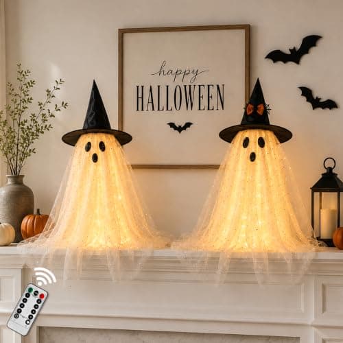 AYGXU 2pcs Halloween Decorations Indoor,Ghost Decor with String Lights Remote Control,Halloween Party Decorations,Spooky Ghost Light for Home Table Room Kitchen Office - Image 1