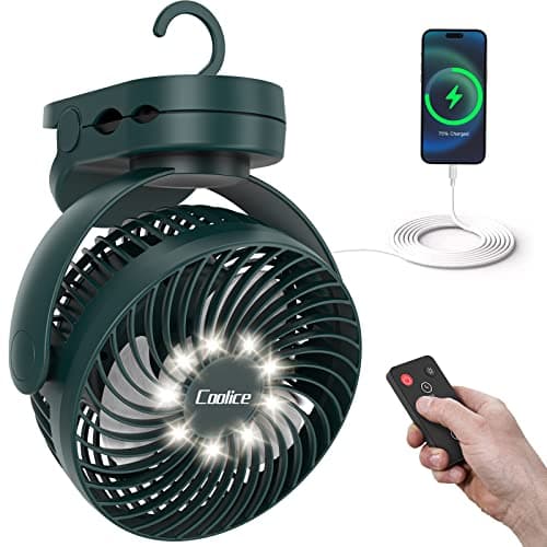 Camping Fan with Remote Control - 12000mAh Rechargeable Battery Powered Fan, Camping Fans for Tents with LED light & Hanging Hook, Rechargeable Battery Operated Ceiling Fans for Tent RV Bed, Green - Image 1
