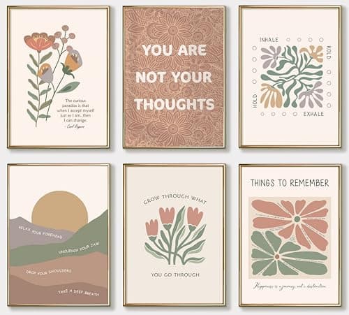 Wavkkey 6Pcs Mental Health Wall Art Psychology Therapy Motivational Quotes abstract Boho floral Painting Pictures Poster Wall Decor Canvas Print Artwork for Bedroom Office Home Decoration - Image 1