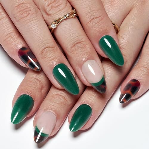 GLAMERMAID Amber Nude French Tip Press on Nails Medium Almond, Tortoise Dark Green Gel Glue on Nail, Short Stiletto Reusable UV Finish Fake Nails, Acrylic Oval False Nails Manicure Kits for Women - Image 1