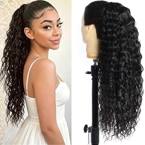 24 Inch Curly Ponytail Extensions Synthetic Dark Brown Deep Wave Drawstring Ponytail For Black Women Long Ponytail With Clip In Hair Piece Color #2 - Image 1