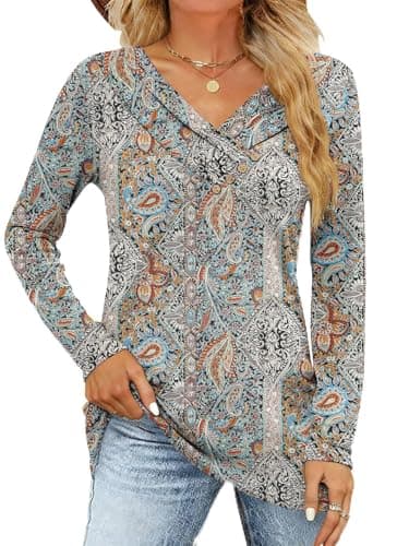 FMEYOA Women's Fall Long Sleeve Tunic Tops for Leggings Pleated V Neck Button Casual Blouse Graphic Printed Sweatshirt - Image 1
