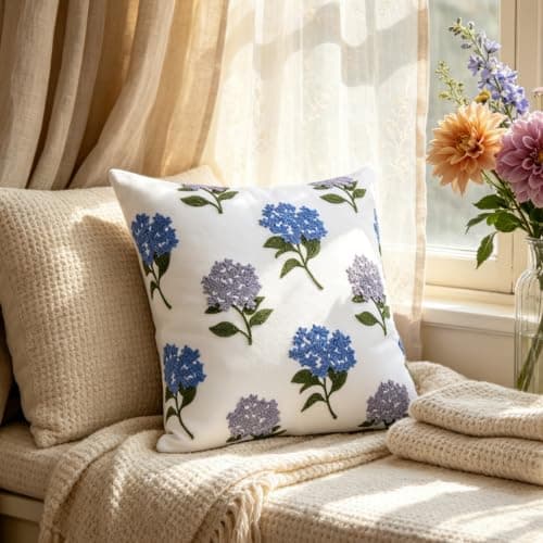 yuboo 18"x18" 3D Tufted Embroidered Hydrangea Pillow Cover, Natural Canvas Vintage Floral Cushion Cover for Coastal Boho Preppy Decor, Sofa Bedroom Covered Patio Throw Pillow, Housewarming Gift - Image 1