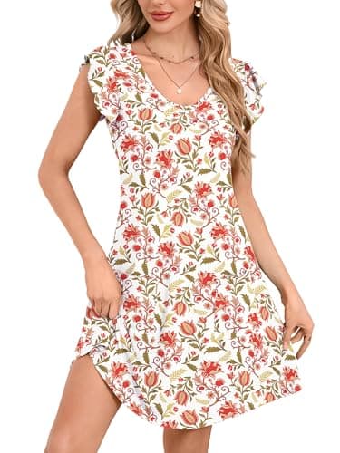 DEARCASE Womens Summer T-Shirt Dresses V Neck Elegant Classy Ruffle Sleeve A-line Tunic Dress 2026 with Pockets Red Powder Sanskrit Flower Golden Vine Medium - Image 1