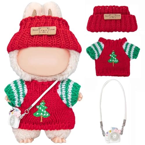 Vintay Handmade Red Knit Doll Clothes for Labubu 17cm – Cute Sweater + Hat + Camera (3-Piece), Machine Washable Soft Yarn, Gift Box Ready, Stylish Doll Outfits for Photography (No Doll) - Image 1