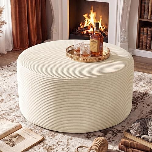 BSHOMGI Coffee Table 32”Ottoman for Couch Plush Corduroy Memory Foam Footstool Cloud Boneless Sectional for Living Room Round Side Table Cushiong No Assembly Makeup Desk (Beige, 32") - Image 1