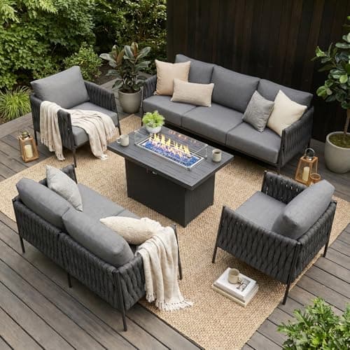 LayinSun 5 Piece Outdoor Furniture Set with Fire Pit Table, Modern Rope Woven Patio Conversation Sofa Set with Olefin Braid and Deep Seating - Image 1
