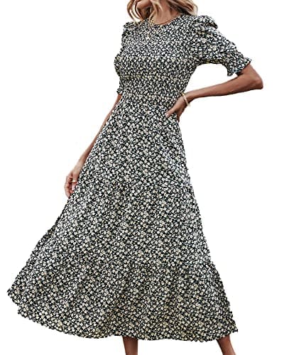 BTFBM Women Casual Summer Dresses 2026 Spring Crew Neck Ruffle Short Sleeve Smocked Floral Boho Flowy Maxi Dress Clothes(Floral Black Apricot, Small) - Image 1