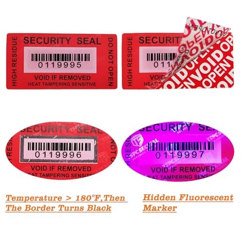 TSPC SECSEAL 200pcs 25x50mm Heat Tampering Fluorescent Mark High Residue Tamper Evident Anti Counterfeit Tamper Proof Stickers Labels Seals (1 x 2 Inches, Matte Red, Serial Number) - Image 1