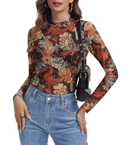 Womens Floral Mesh Long Sleeve Tops See Through Sheer Lace Undershirt Mock Neck Trendy Going Out Shirts - Image 1