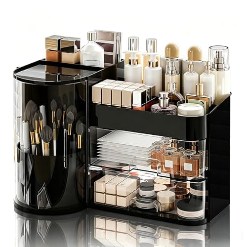 TIMBERHIDE Makeup Organizer,Rotating Cosmetic Storage Organizer with Drawers,Large Capacity Makeup Brush Holder,Skincare Vanity Organizer for Bathroom Countertop,Black - Image 1