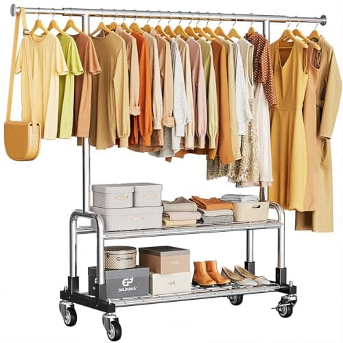 Luxspire Heavy Duty Clothes Rack, Clothing Rack Load 600 LBS, Rolling Clothes Racks for Hanging Clothes with Sturdy Wheels & 2 Tier Shelves, Adjustable Garment Rack for Bedroom, Laundry Room, Silver - Image 1