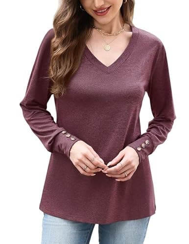 Misakia Womens Long Sleeve Shirts Dressy Casual 2025 Cute V Neck Fall Winter Tops Buttons Flowy Tunic Tops Soft Blouses Elegant Shirts Business Casual Outfits Ladies Tops C-wine Red - Image 1