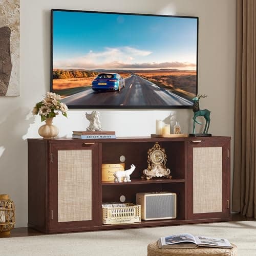 LEYAOYAO Rattan TV Stands for Living Room, Walnut