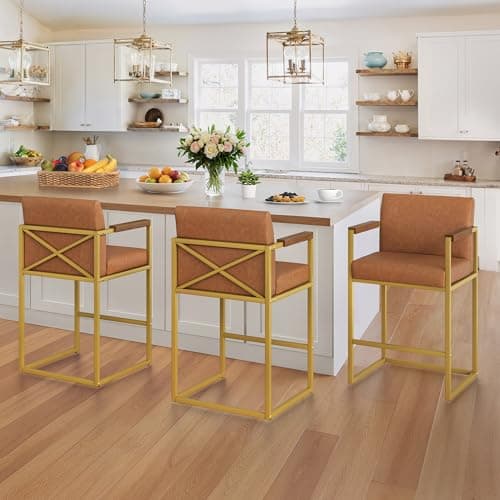 LUE BONA Bar Stools Set of 3, Counter Height Bar Stools with Backs and Arms, Modern BarStools with Metal Legs, Upholstered Bar Chairs for Kitchen Islands, Brown and Gold - Image 1