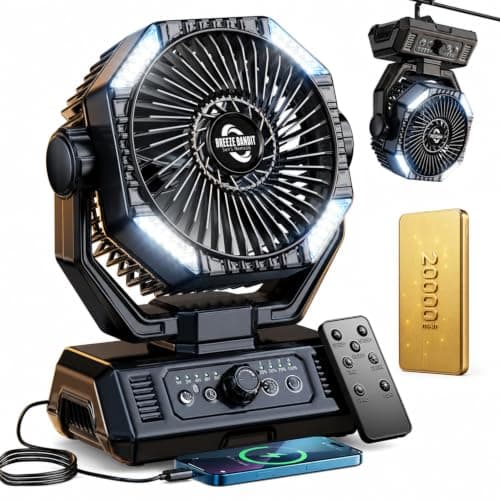 BINUYASHA Rechargeable Camping Fan with 20000mAh Battery, 8-Speed Stepless Control, Remote, Auto Oscillating, Dual LED Light & Timer, Hanging Hook for Tent, Beach, Power Outage - Image 1