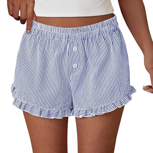 PRETTYGARDEN Womens Boxer Shorts Y2K Ruffle Pajama 2026 Summer Spring Lounge Sleep Striped Casual Beach Pj Bottoms Pockets (Striped Dark Blue,X-Large) - Image 1