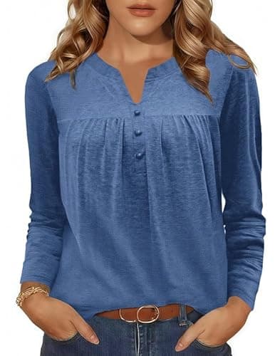 Misakia Long Sleeve Shirts for Women Henley V Neck Tops Fashion Pleated Dressy Blouses Fall Trendy Tunic 2025 Deep Blue L - Image 1