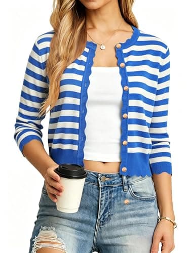 Biodeer Spring Summer 2026 Women's Scalloped Knit Cardigan Sweaters 3/4 Sleeve Crop Crewneck Button Down Shrug - Image 1
