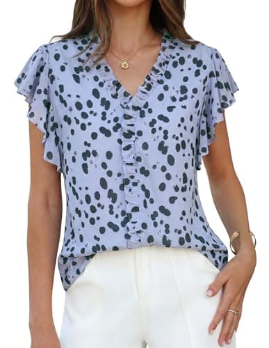 GRACE KARIN 2026 Boho Tops for Women Dressy Casual,Ruffle Sleeve Chiffon Blouse,V Neck Summer Fashion Cloth Blue Polka Dot M - Image 1
