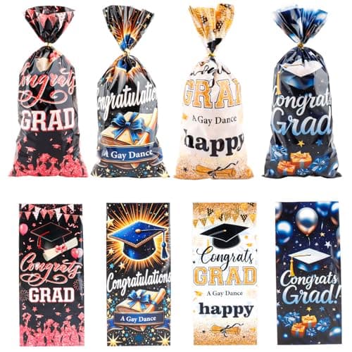 LERCTH Graduation Drawstring & Cellophane Treat Bags, Black Gold Congrats Grad Plastic Candy Bags with Twist Ties, Food Grade Favor Bags for Graduation Party Supplies