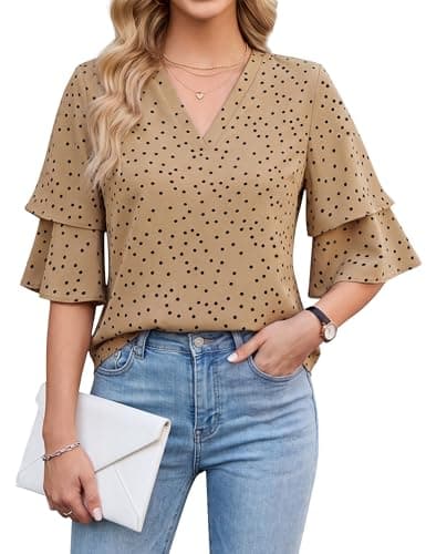 Blooming Jelly Womens Dressy Casual Blouse 3/4 Length Flutter Sleeve Polka Dot Tops Ladies V Neck Business Trendy Summer 2026 Work Shirt (XX-Large, Khaki) - Image 1