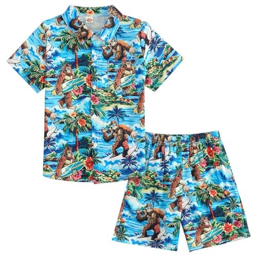 JiAmy Boys Hawaiian Outfit 2 Piece Button Down Short Sleeve Shirt and Shorts Set with Pockets Size 7-8 Bigfoot Blue - Image 1