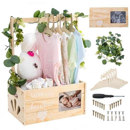 LLMQ Wooden Baby Shower Crate Closet, Personalized Baby Shower Basket with Wreath & Hanger, Love at First Sight Sonogram Picture Frame, Baby Clothes Storage Box for Ideal Pregnancy Gift - Image 1