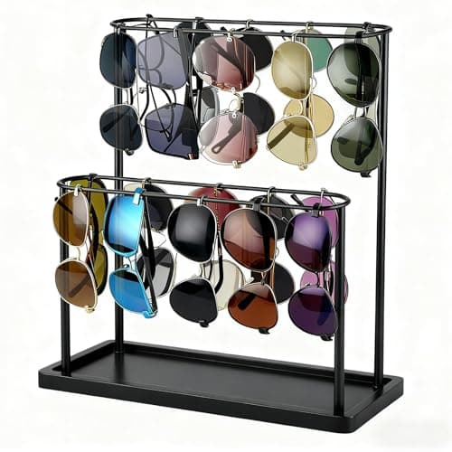 Himake Sunglasses Organizer Glasses Holder Stand with Wood Base, 2 Tier Eye Glasses Display, Sunglass Storage Rack for Multiple Glasses, for Desk, Nightstand, Dresser, Vanity, Metal, Balck - Image 1