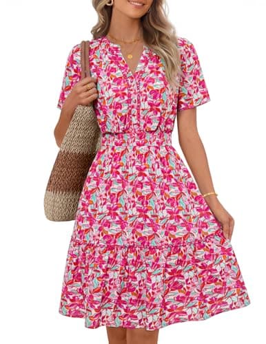 MEROKEETY Women's 2026 Spring Summer Floral Dress V Neck Short Sleeve Button A Line Boho Beach Flowy Vacation Dresses, Pink, Large - Image 1