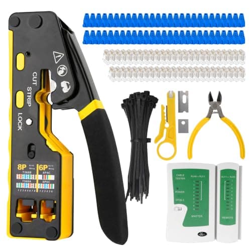 Prowin Pass Through RJ45 Crimper Kit with Cable Tester, Ethernet Crimping Tool for Cat5 Cat5e Cat6 Cat6a & RJ11 RJ12 Connectors (Includes Stripper, Blades) Professional Network Tool Set - Image 1