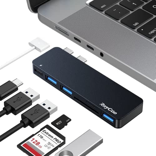 RayCue USB C Hub Adapters for MacBook Pro/MacBook Air M1 M2 M3 2023 2022 2021 2020 2019 13" 14" 15" 16", 6-in-2 Multiport MacBook Adapter with Thunderbolt 3, 3 USB 3.0 Ports, SD/TF Card Reader - Image 1