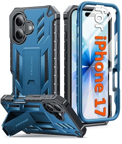 FNTCASE for iPhone 17 Phone Case: Military Grade Drop Proof Protection Mobile Cover with Kickstand | Matte Textured Rugged Shockproof TPU | Protective Sturdy Phone Case - 6.3 inch Blue