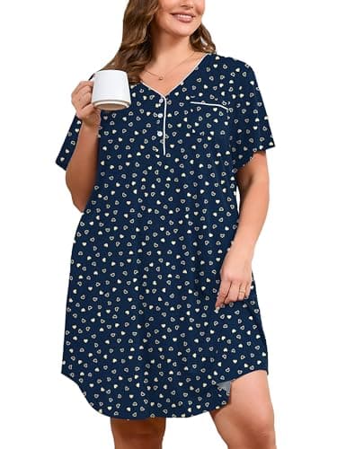 AusLook Plus Size Floral Nightgown for Women Midi Sleep 1X Dress Short Sleeve V Neck Flowy Lounge House Dress Casual Printed Night Dress - Image 1