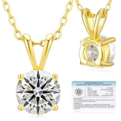 shownii Diamond Necklace Graduation Certified LAB GROWN Round Diamond Solitaire Necklaces for Women 1 CT 14K Gold Plated Sterling Silver 4 Prong Solitaire Pendant Jewelry (I-J Color, SI1-VS2 Clarity) - Image 1