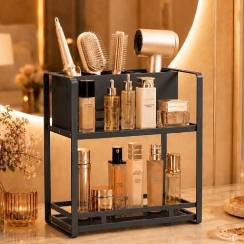 SanDream Hair Tool Organizer Bathroom Countertop, 2-Tier Metal Bathroom Organizer with Blow Dryer Holder, Large Capacity Space-Saving Vanity Shelf for Perfume, Skincare & Makeup Storage (Black) - Image 1