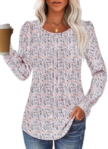 GKBK Women Long Sleeve Shirts Fall Tops Dressy Pleated Scooped Neck Tunic Tops for Leggings Floral White 3XL - Image 1