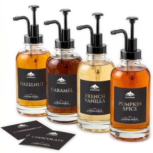 Set of 4 Glass Coffee Syrup Dispenser with Pump 16.9oz 500 ml – 18 Marked Labels – Leak-Proof Glass Syrup Bottles for Coffee Bar, Espresso Station & Barista Setups | Parties & Event Ready (Black) - Image 1