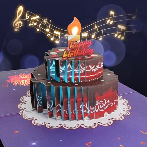 XTF2015 Birthday Cards Fireworks 3D Pop Up Chocolate Cake, Lights and Musical Happy Birthday Card Gift with Envelope and Note Tag for Women, Men, Kids, Mom, Friend - Image 1