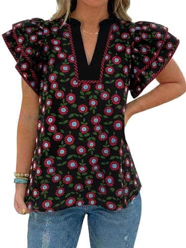 Tankaneo Womens Ruffle Sleeve Floral Blouses Summer Dressy Casual V Neck Tops Loose Fit Pleated Flowy Shirts Black - Image 1